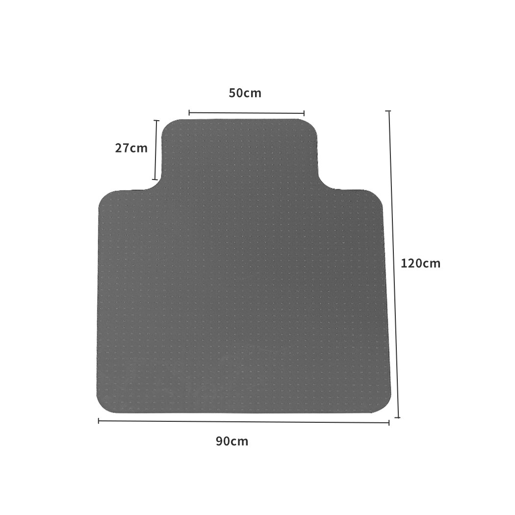 Black PVC chair mat designed for home and office use, featuring a notched stud design for grip and a thickness of 5mm for floor protection.